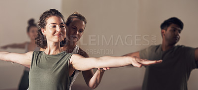 Buy stock photo Woman, warrior pose and coach in yoga class, balance and exercise together for peace in studio. Female person, pilates and training a group of people, stretching and yogi for wellness in position