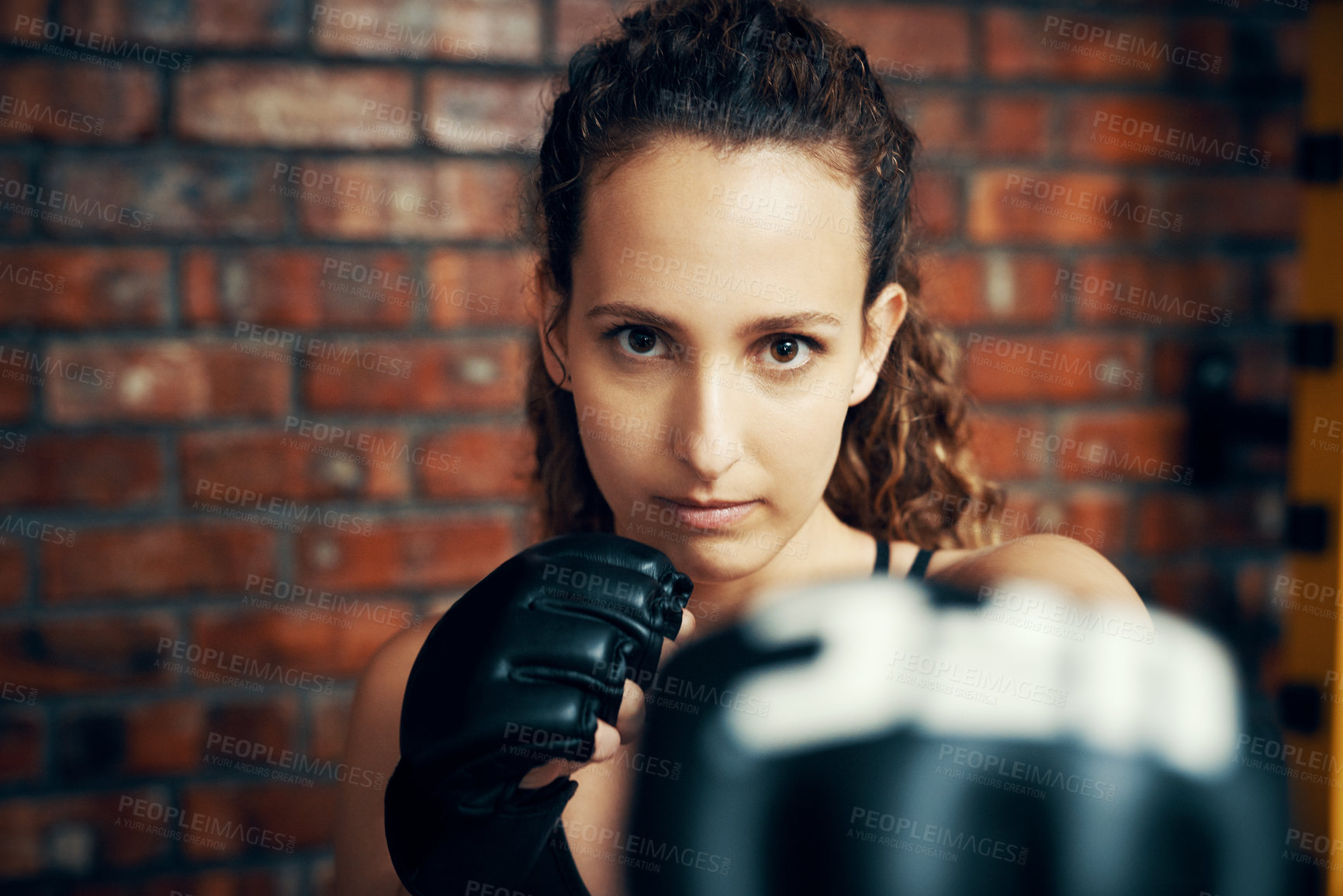 Buy stock photo Woman, boxer and portrait with gloves in gym for competition training, fight challenge and workout. Sport, athlete and punch for boxing match, defence and practice with exercise or fitness in Ukraine