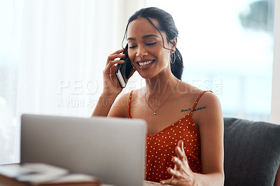 Buy stock photo Laptop, phone call and remote work with woman in home office for administration or communication. Computer, conversation and smile of African freelancer in apartment for contact or web design