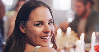 Buy stock photo Thanksgiving lunch, candles and portrait of woman smiling with friends in house for birthday, celebration and food. Dinner party, table and female person with people for social, holiday and eating