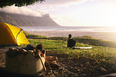 Buy stock photo Woman, ocean and camping with surfboard for adventure, break and holiday in Australia. Female person, beach and relax for hobby or sports with training, exercise or workout for fitness or self care