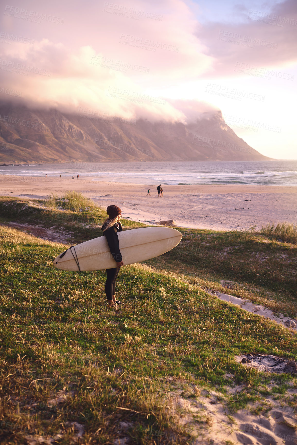 Buy stock photo Nature, surfboard and portrait of woman by beach for winter vacation, adventure or holiday. Journey, surfing and female person on seaside weekend trip for outdoor watersports activity with travel.