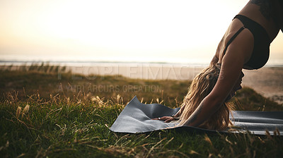 Buy stock photo Woman, yoga and dog pose outdoor for fitness, balance and stretching with healthy mind or self care. Female person, yogi and exercise in nature for health, chakra and zen with mindfulness or flexible