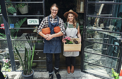 Buy stock photo Florist, partners and smile with gardening tools at door with open sign for startup store in France. People, woman and man with happiness or proud in portrait for small business and flower shop