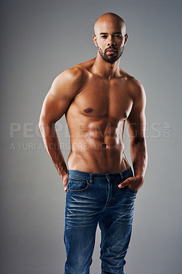 Buy stock photo Healthy, man and portrait with abs in studio for bodybuilding,  fitness or progress with muscle. Person, shirtless and bodybuilder with six pack by gray background for training, exercise or self care