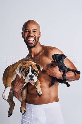 Buy stock photo Portrait of a handsome young man posing with his adorable puppies against a grey background
