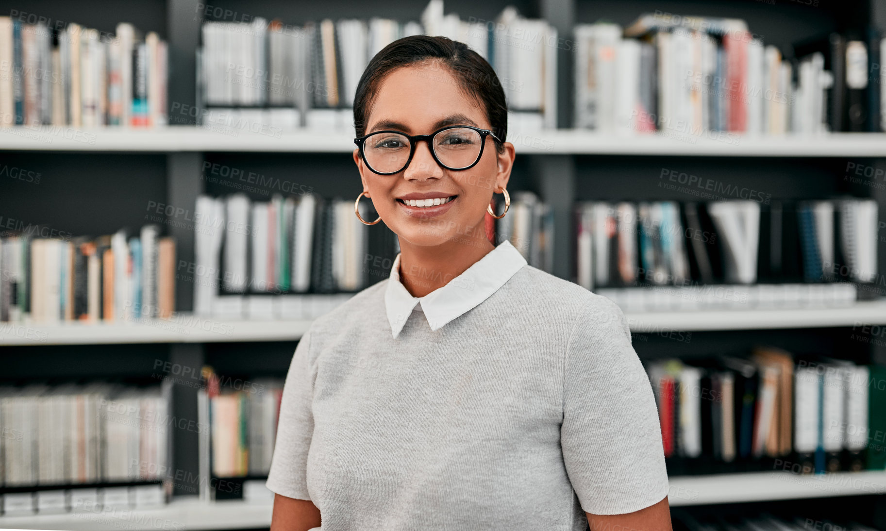 Buy stock photo Glasses, smile and portrait of woman in library for knowledge, development or project in education. Happy, student and face with confidence for literature learning, scholarship or study at university