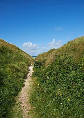 Buy stock photo Beautiful landscape with a secret path between grassy hills to a hideaway, hidden beach or secluded area with a blue sky copyspace. Peaceful and scenic view perfect for an adventure in nature