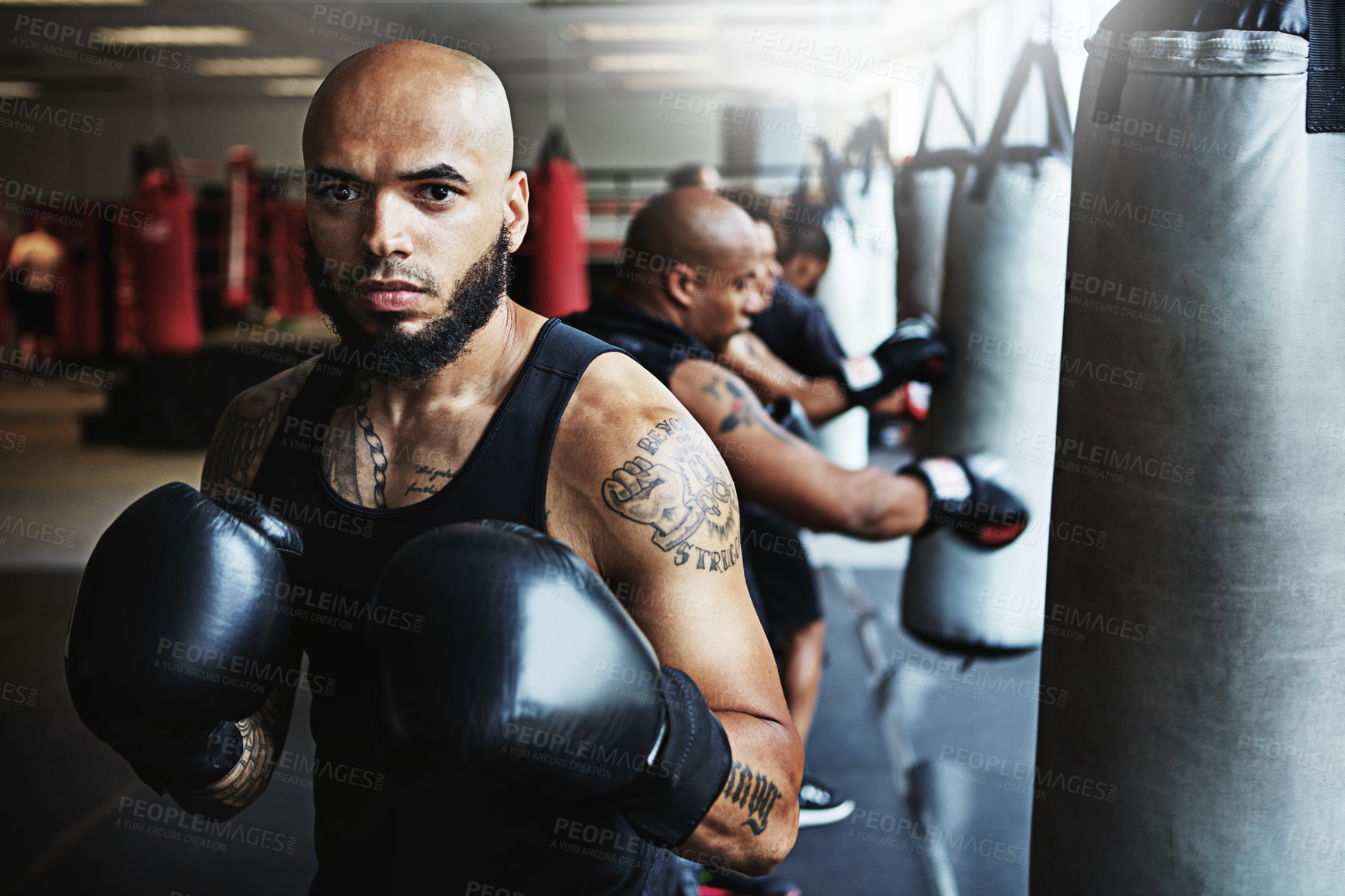 Buy stock photo Shot of a male boxer training at the gym