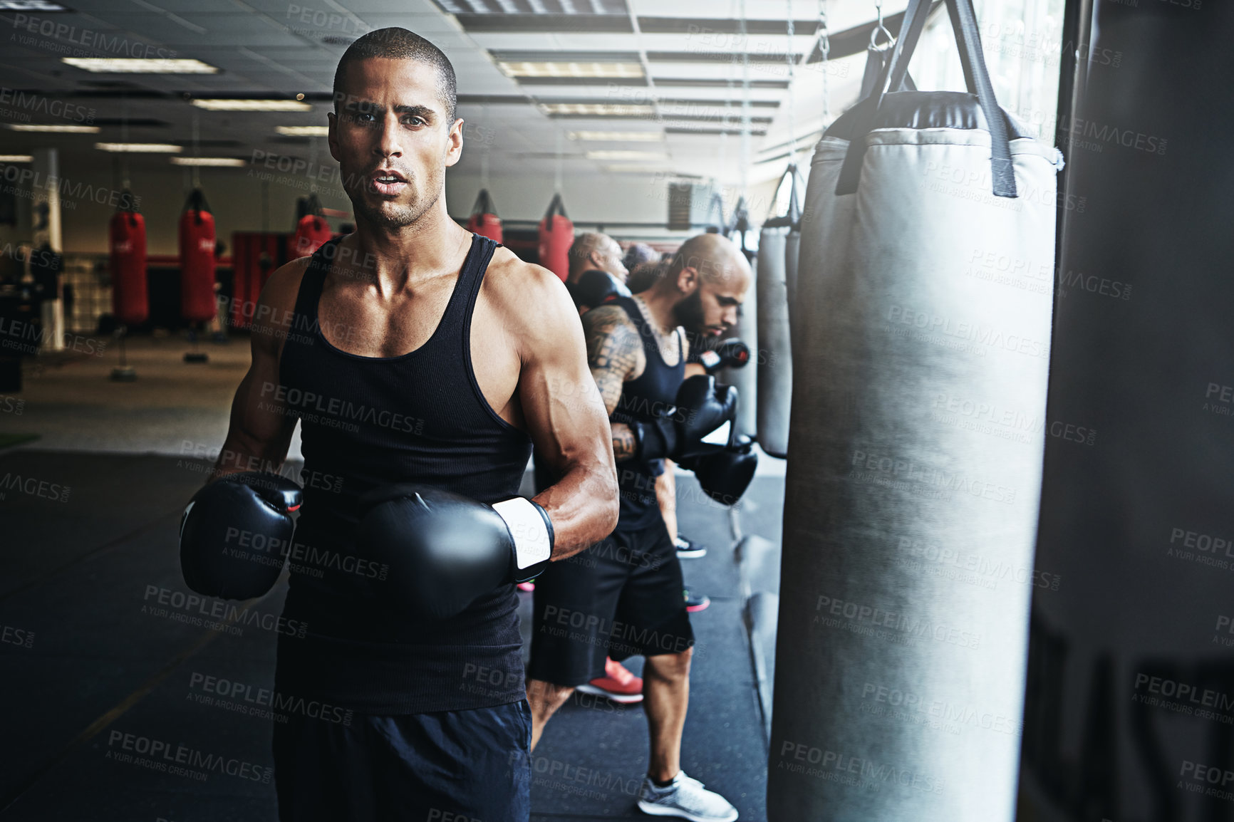 Buy stock photo Shot of a male boxer training at the gym