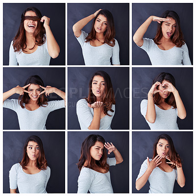 Buy stock photo Composite shot of a beautiful young woman posing in the studio