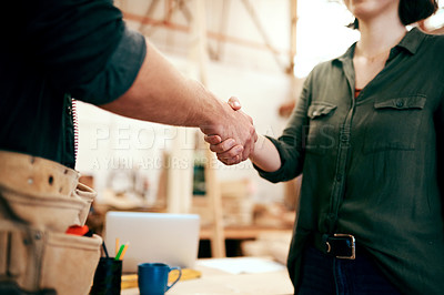 Buy stock photo Carpenter, shaking hands and workshop with agreement, greeting and small business with people. Employee, creative studio and remodeling project with deal and handshake for wood work and artisan job