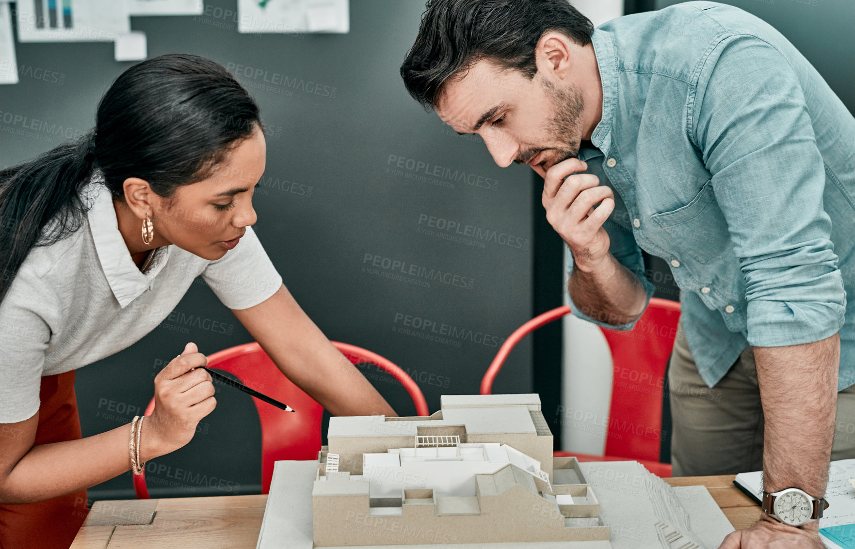 Buy stock photo Woman, man and scale model at architecture agency with review, discussion and planning with teamwork. Engineer, partnership and 3D building with blueprint, feedback or inspection for property company