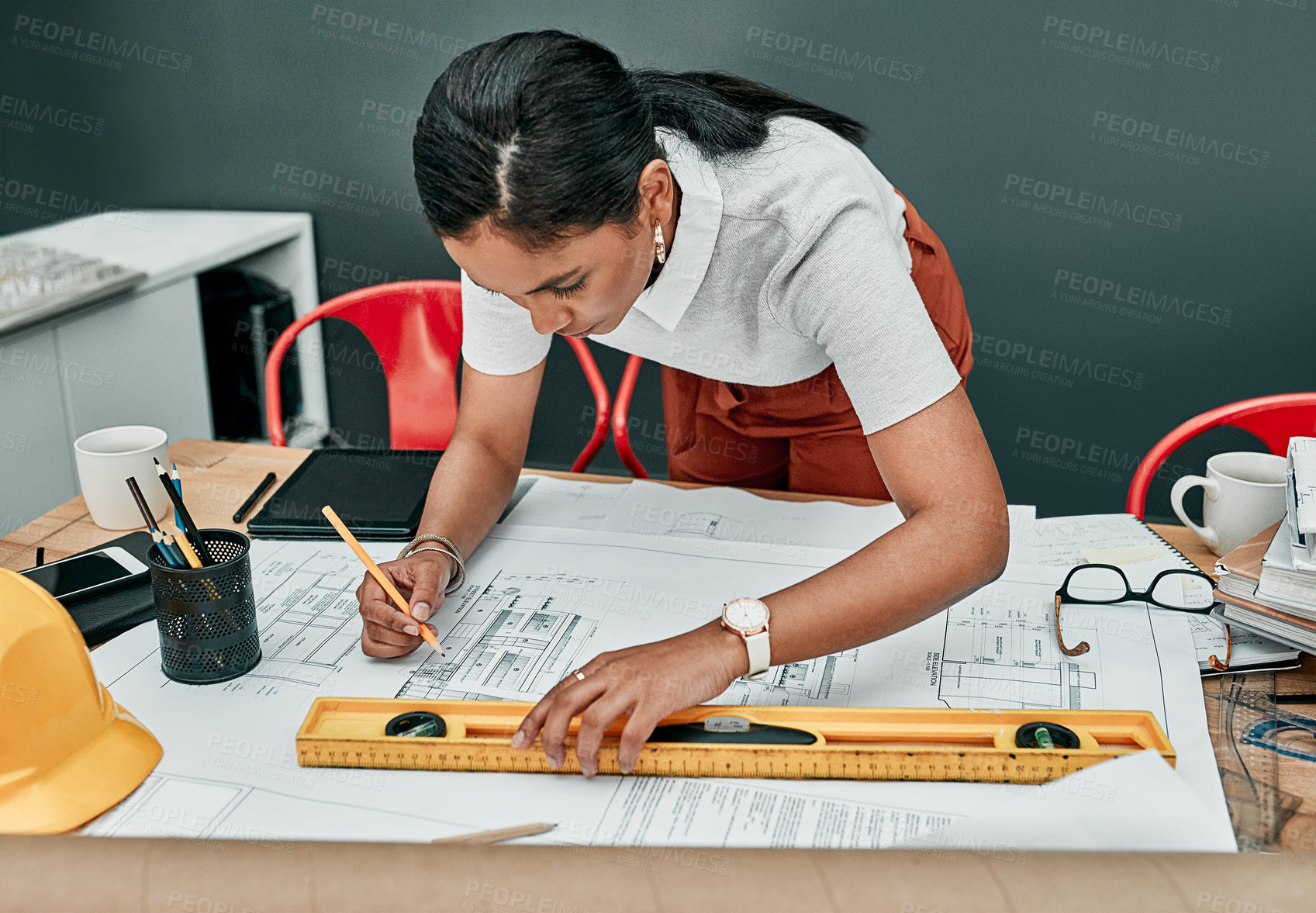 Buy stock photo Blueprint, drawing and woman at desk with planning, sketch and project management in creative development. Writing, pencil and designer in architecture office for ideas, civil engineering and process