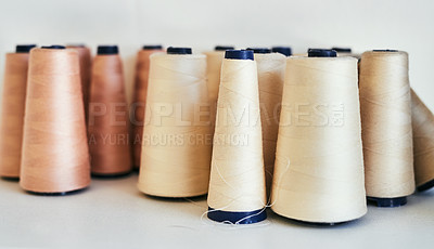 Buy stock photo Cotton, business and thread on shelf in shop for fashion, design and clothes creation, production or seamstress service. Distribution, supply chain or retail string in warehouse for workshop training