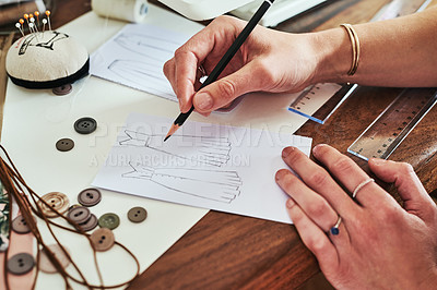 Buy stock photo Woman, hands and fashion design drawing for planning, idea or sketching on office desk above. Hand of creative female person, artist or graphic designer for clothing sketch, ideas or startup on table