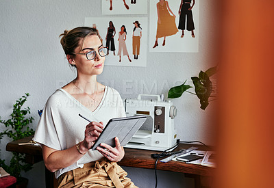 Buy stock photo Fashion, design and woman with tablet, thinking and creative ideas for small business process in studio. Creativity, textile and designer working on digital sketch with idea pattern and illustration.