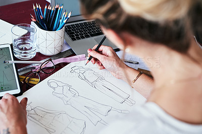 Buy stock photo Woman, hands and fashion designer drawing sketch for planning, idea or project on office desk. Hand of creative female person, artist or graphic design sketching clothing ideas for startup on table