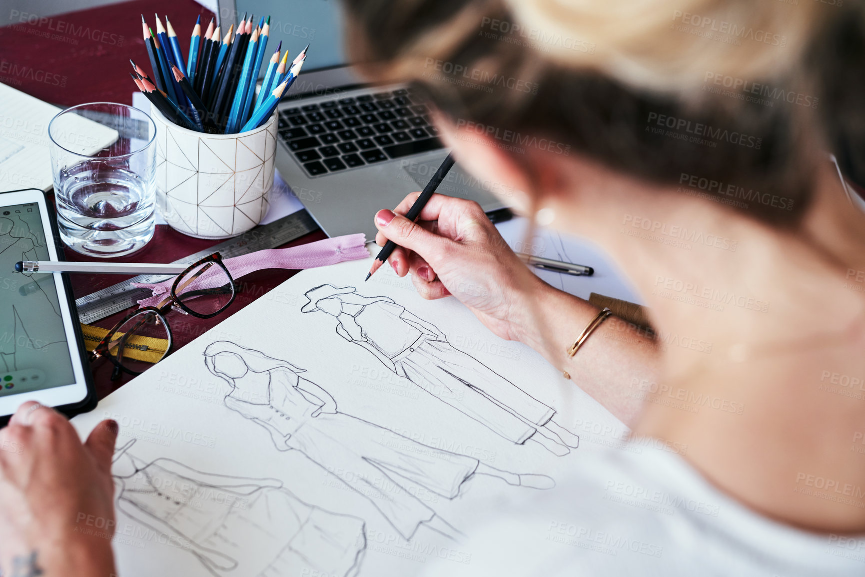 Buy stock photo Woman, hands and fashion designer drawing sketch for planning, idea or project on office desk. Hand of creative female person, artist or graphic design sketching clothing ideas for startup on table