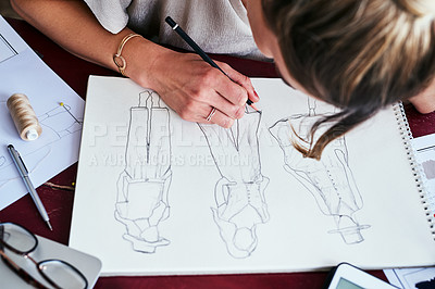 Buy stock photo Woman, hands and fashion design drawing on paper for planning, idea or sketching on office desk above. Hand of creative female person, artist or graphic designer for clothing sketch ideas for startup