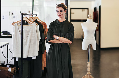 Buy stock photo Portrait of a young fashion designer standing in her workshop