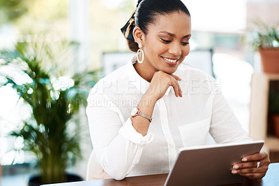 Buy stock photo Woman, thinking and creative or office with tablet, vision and idea or professional designer in workplace. Online, research and internet search with employee, social media and company website or blog