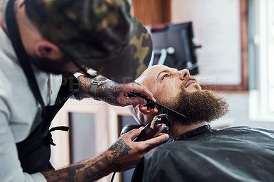 Buy stock photo Hair, razor and barber with customer for shave, haircut and grooming for hygiene, wellness or cosmetics. Barbershop, hairdresser parlor and person with shaving cream, foam and blade for beard service