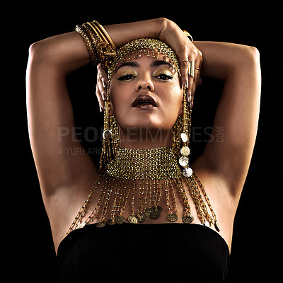 Buy stock photo Fashion, portrait and woman in studio with gold, beauty and royal, jewellery or attitude on black background. Face, queen and lady model pose in luxury accessory for cosplay, rich or aesthetic makeup