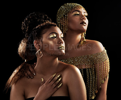 Buy stock photo Gold, vision and black women with jewelry for fashion, beauty and rich with crown for luxury on dark background. African queen, glow and pride for culture, wealth and royalty by studio backdrop