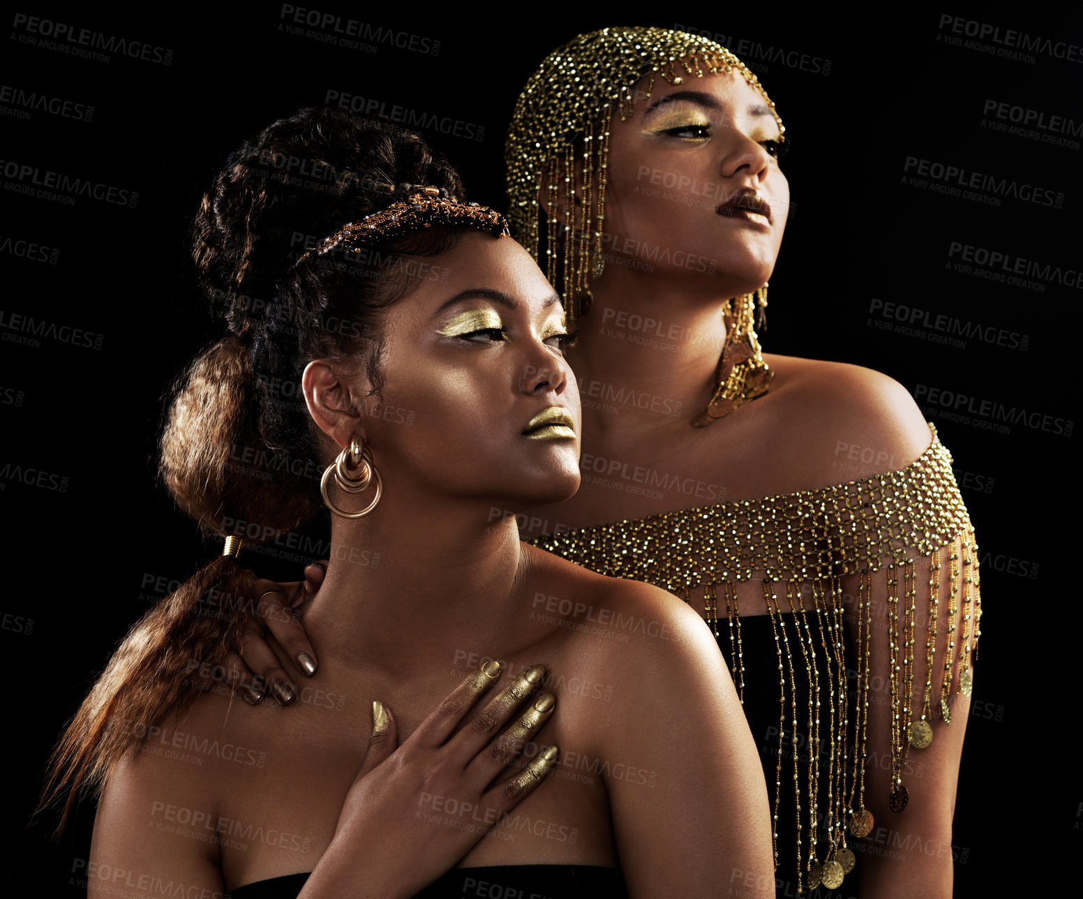 Buy stock photo Gold, vision and black women with jewelry for fashion, beauty and rich with crown for luxury on dark background. African queen, glow and pride for culture, wealth and royalty by studio backdrop