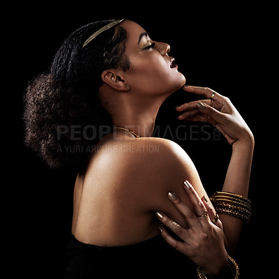 Buy stock photo Gold, vision and profile of black woman with jewelry for luxury, fashion and beauty with crown on dark background. African queen, glow and pride for culture, wealth and royalty by studio backdrop