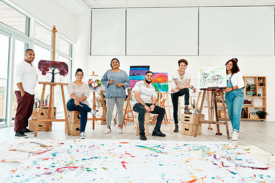 Buy stock photo Full length portrait of a diverse group of friends posing together during an art class in the studio
