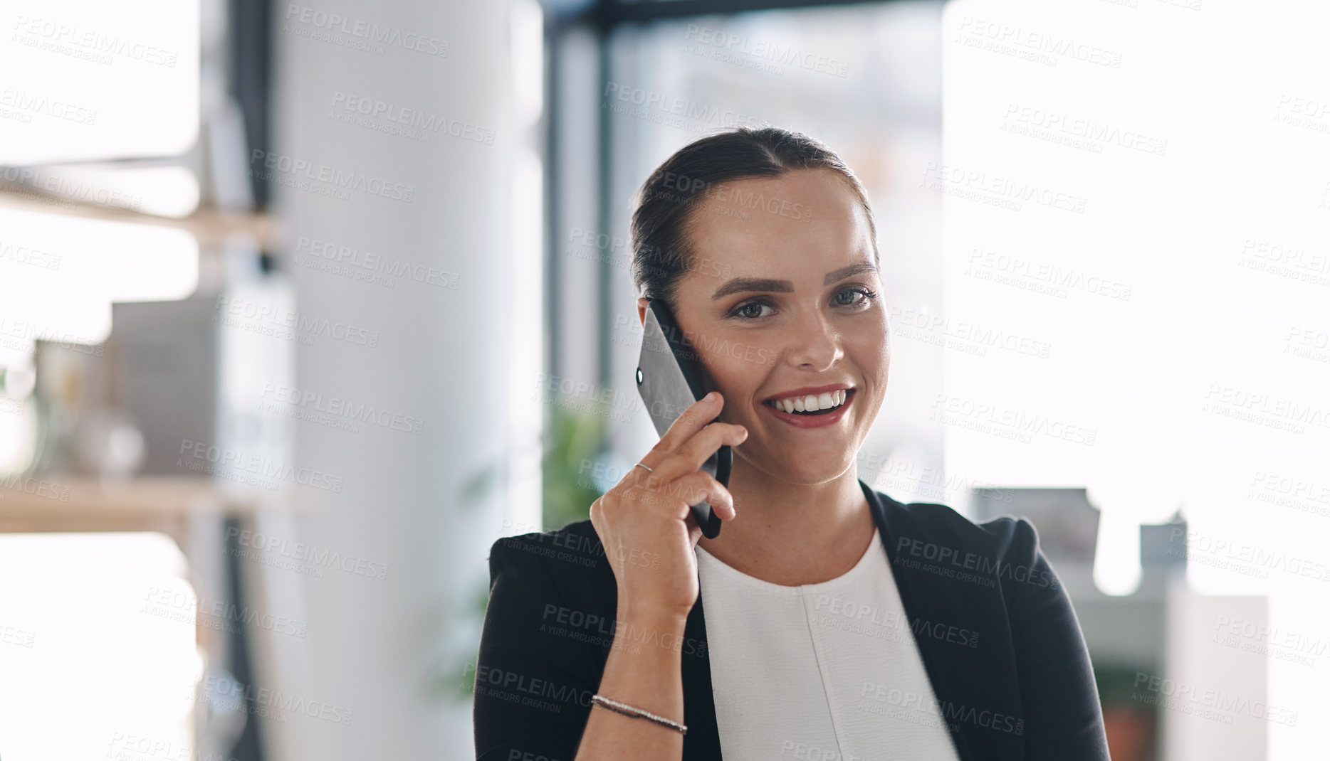 Buy stock photo Office, businesswoman and portrait with phone call for talking, communication and chat with client. Career, female person and consultant with mobile for contact, networking and listening with smile