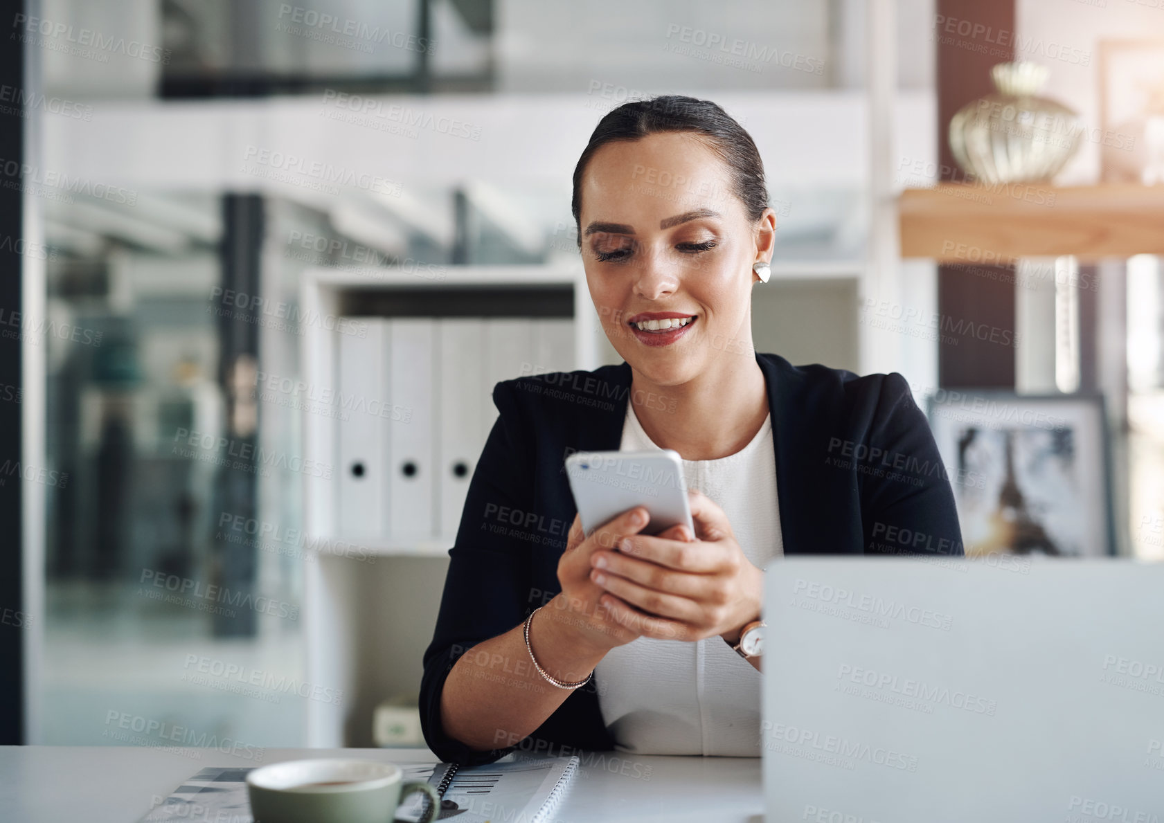 Buy stock photo Office, laptop and smile of businesswoman with smartphone, communication and search for contact. Happy, female person and lawyer with technology for mobile app, chat and case notification in law firm