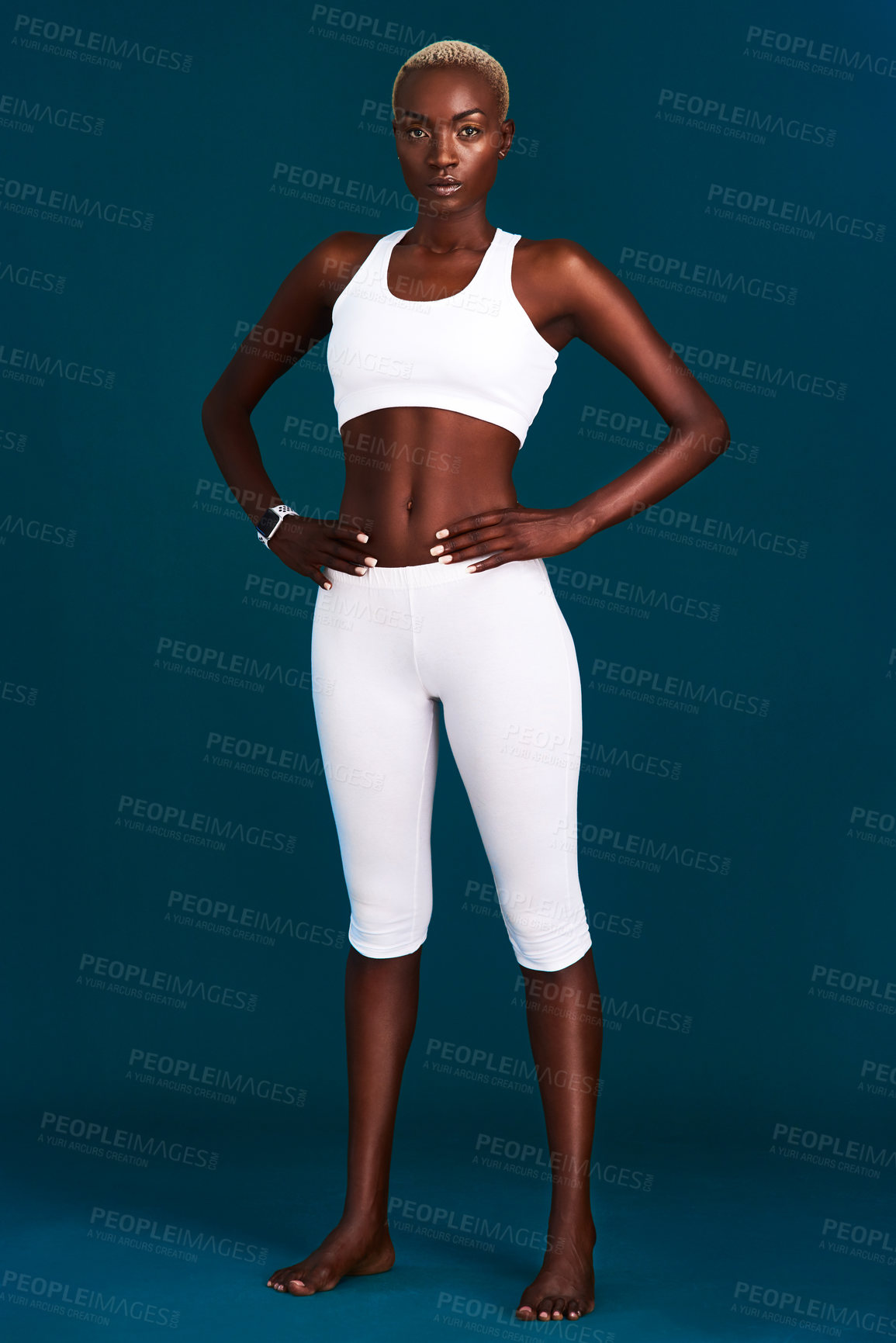 Buy stock photo Black woman, confidence and studio for fitness, portrait and ready for cardio sports on dark background. Female person, athlete and start for exercise, performance training and pride of workout