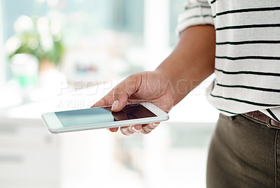 Buy stock photo Woman, hand and scroll in office with smartphone for social network, mobile website and digital contact. Secretary closeup texting on cellphone, reading business notification and search media on app