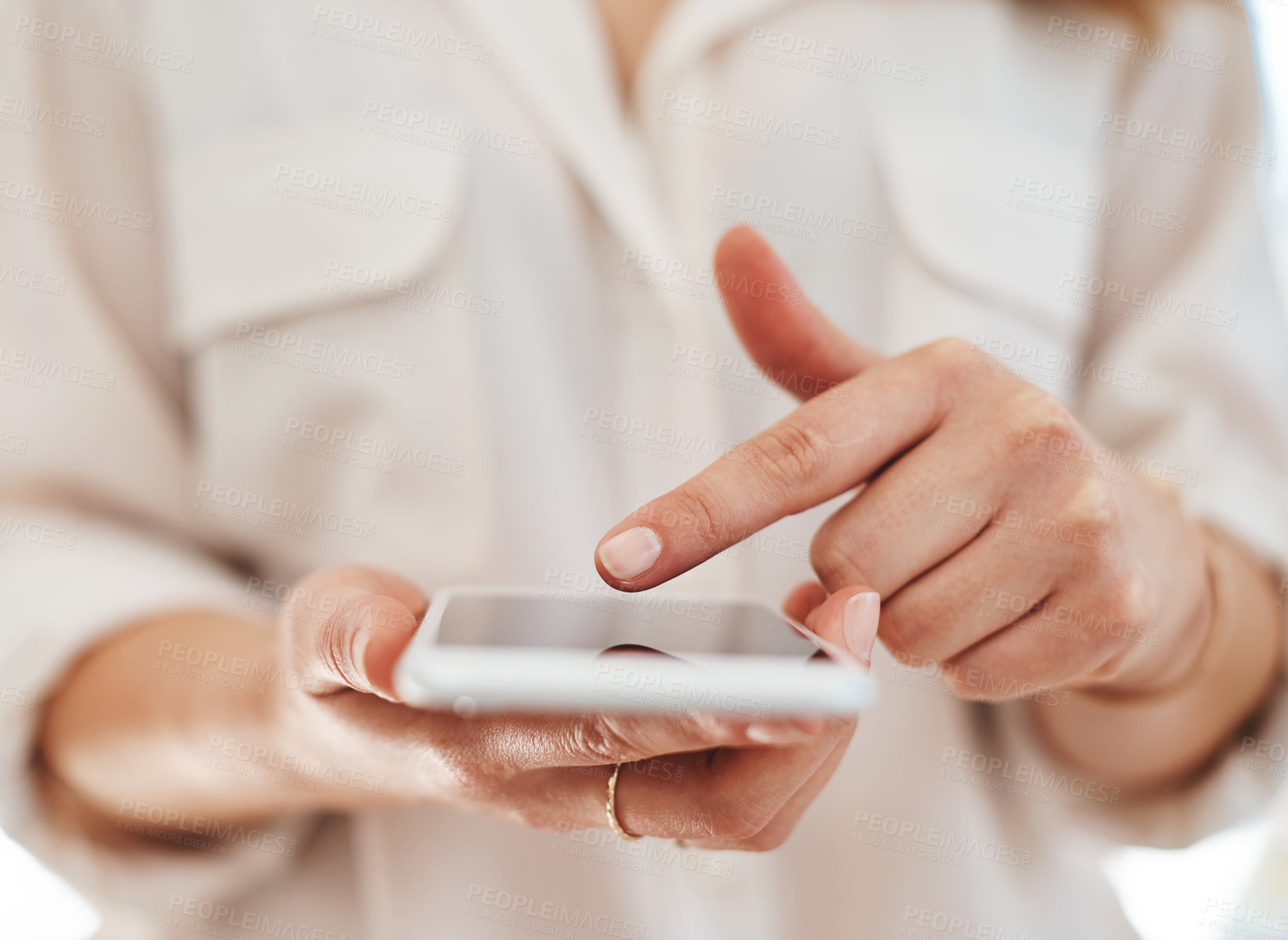 Buy stock photo Hands, scroll and person with smartphone for social media, research and news update on internet. Woman, swipe and phone in hand for communication, networking and contact on tech for text, app or chat