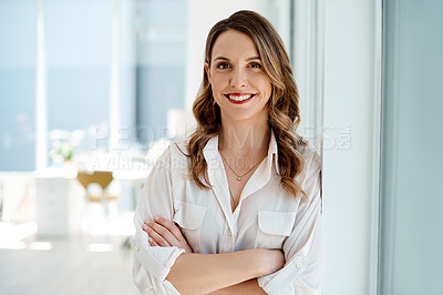 Buy stock photo Business woman, office and portrait with arms crossed, confidence and career pride from company. Entrepreneur, professional staff and happy public relations employee with smile ready for working