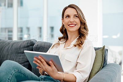 Buy stock photo Happy, tablet and thinking with business woman in office for planning, problem solving or vision. App, break or social media and smile of employee on sofa in professional workplace with future ideas