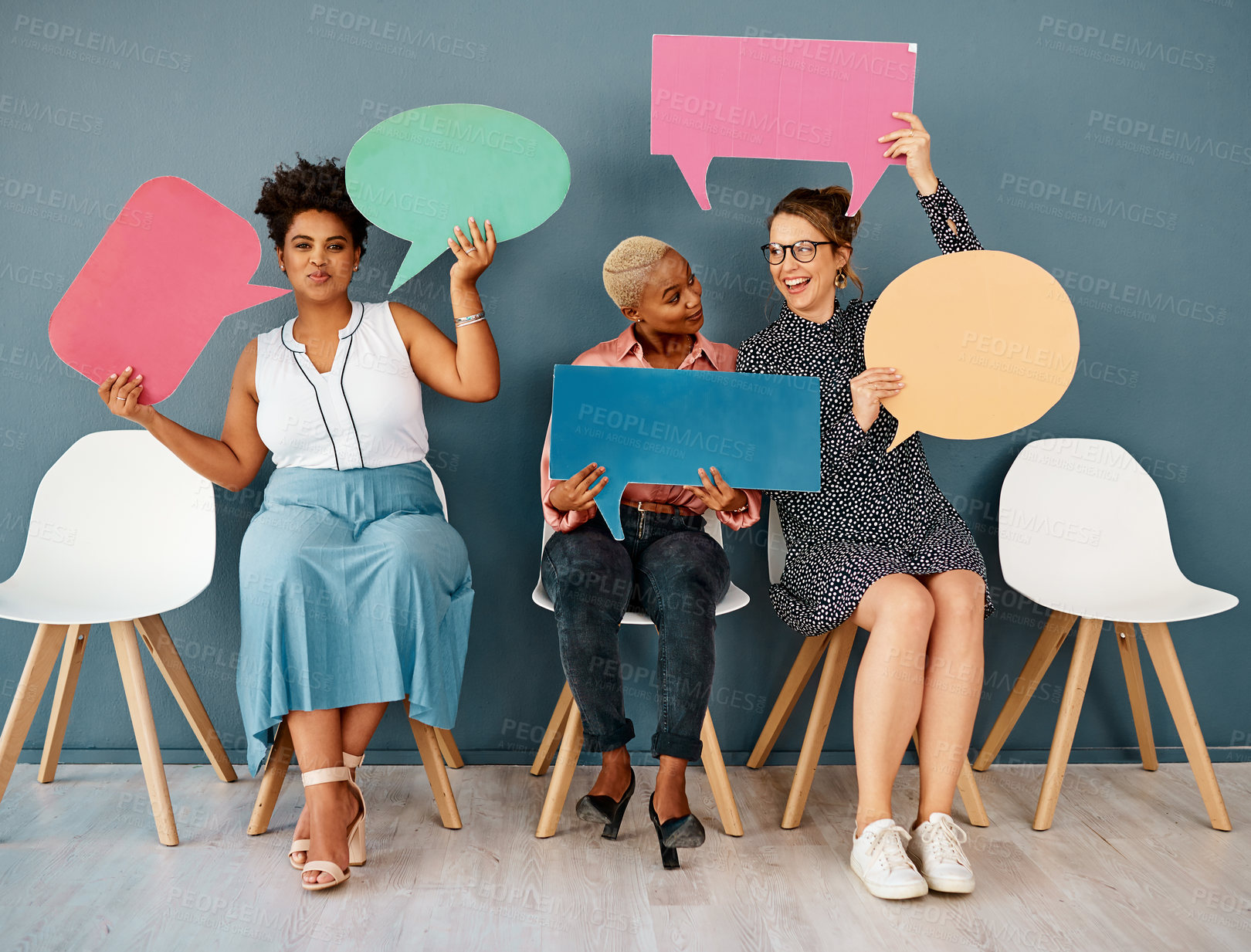 Buy stock photo People, waiting room with speech bubble and wall background, FAQ and chairs for appointment. Hiring, feedback or recruitment in modern office workplace, Human resource candidate and communication