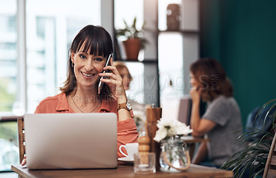 Buy stock photo Phone call, laptop and woman in cafe, portrait and chat for project, copywriting and business or company. Coffee shop, employee and communication for person in B2B, writer and smile with happiness