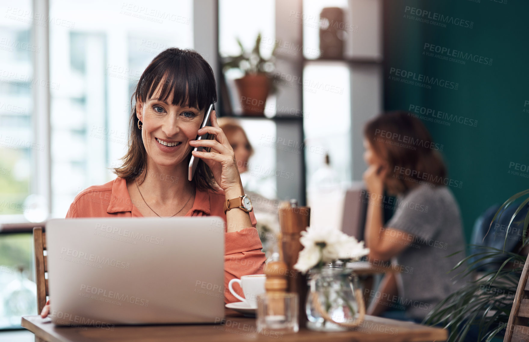 Buy stock photo Phone call, laptop and woman in cafe, portrait and chat for project, copywriting and business or company. Coffee shop, employee and communication for person in B2B, writer and smile with happiness