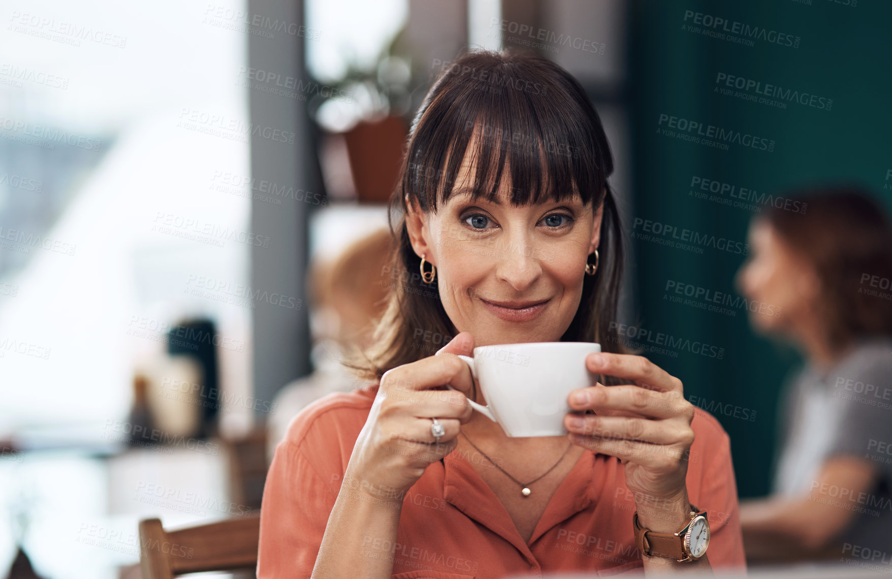 Buy stock photo Smile, portrait and woman with coffee in cafe for drinking, morning and breakfast in city. Female person, face and happy in restaurant with latte for brunch, relax and nutrition with pride in France 