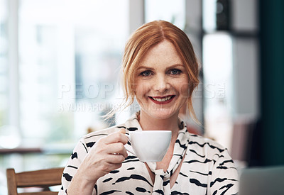 Buy stock photo Happy, portrait and woman with coffee in cafe for drinking, morning and breakfast in city. Female person, smile and pride in restaurant with latte for brunch, relax and nutrition in New York