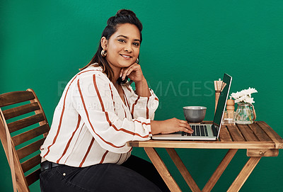 Buy stock photo Laptop, portrait and woman in cafe with freelance job, business plan and writing web article. Computer, typing and happy girl in coffee shop for online consulting, relax or networking for remote work