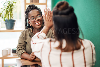 Buy stock photo Happy, friends and women in a cafe, high five and bonding with agreement, happiness and joyful. Female people, girls and students with support, coffee shop and excited with a smile, goal and target