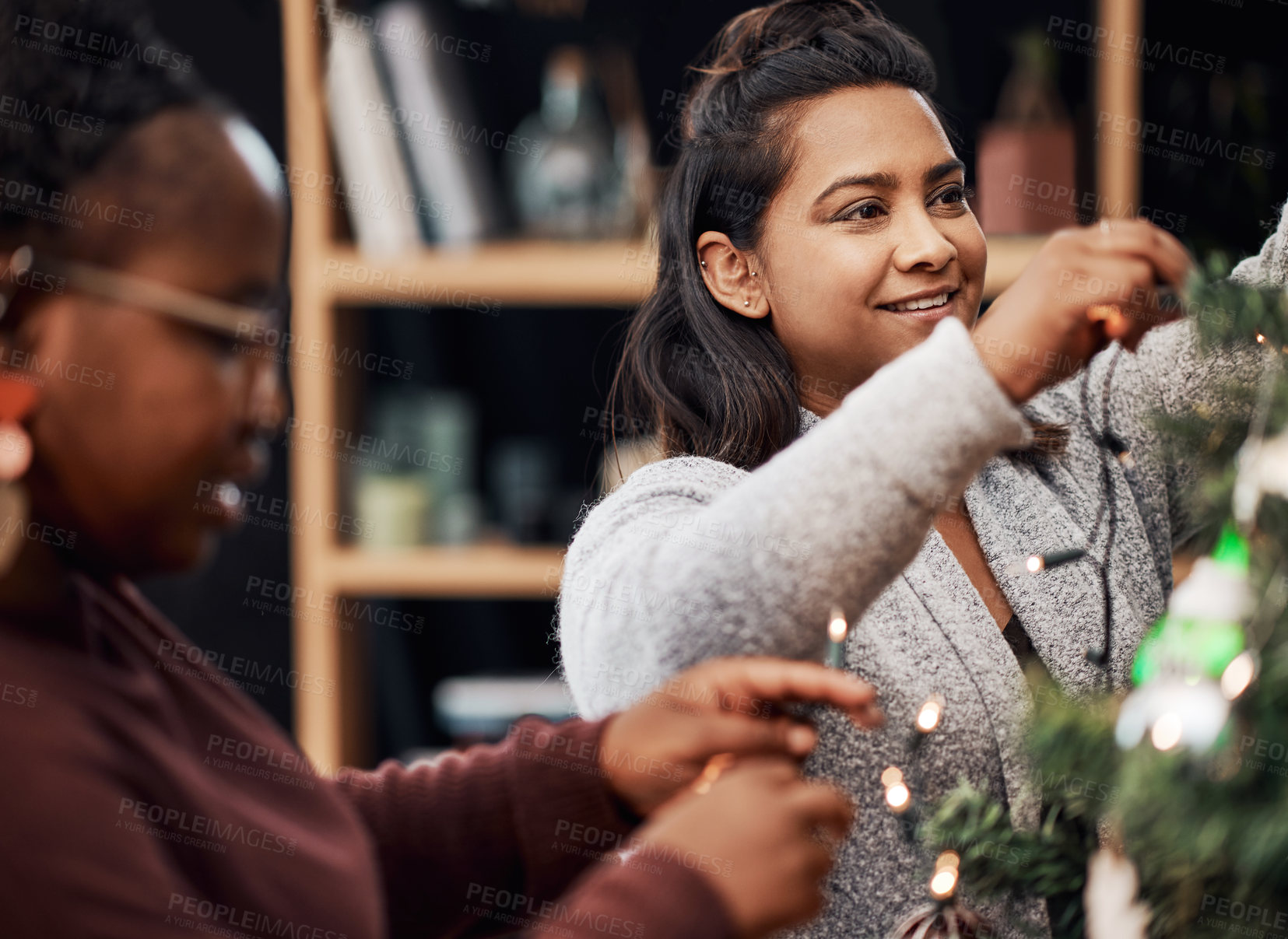 Buy stock photo Shot of two young women decorating a Christmas tree at home