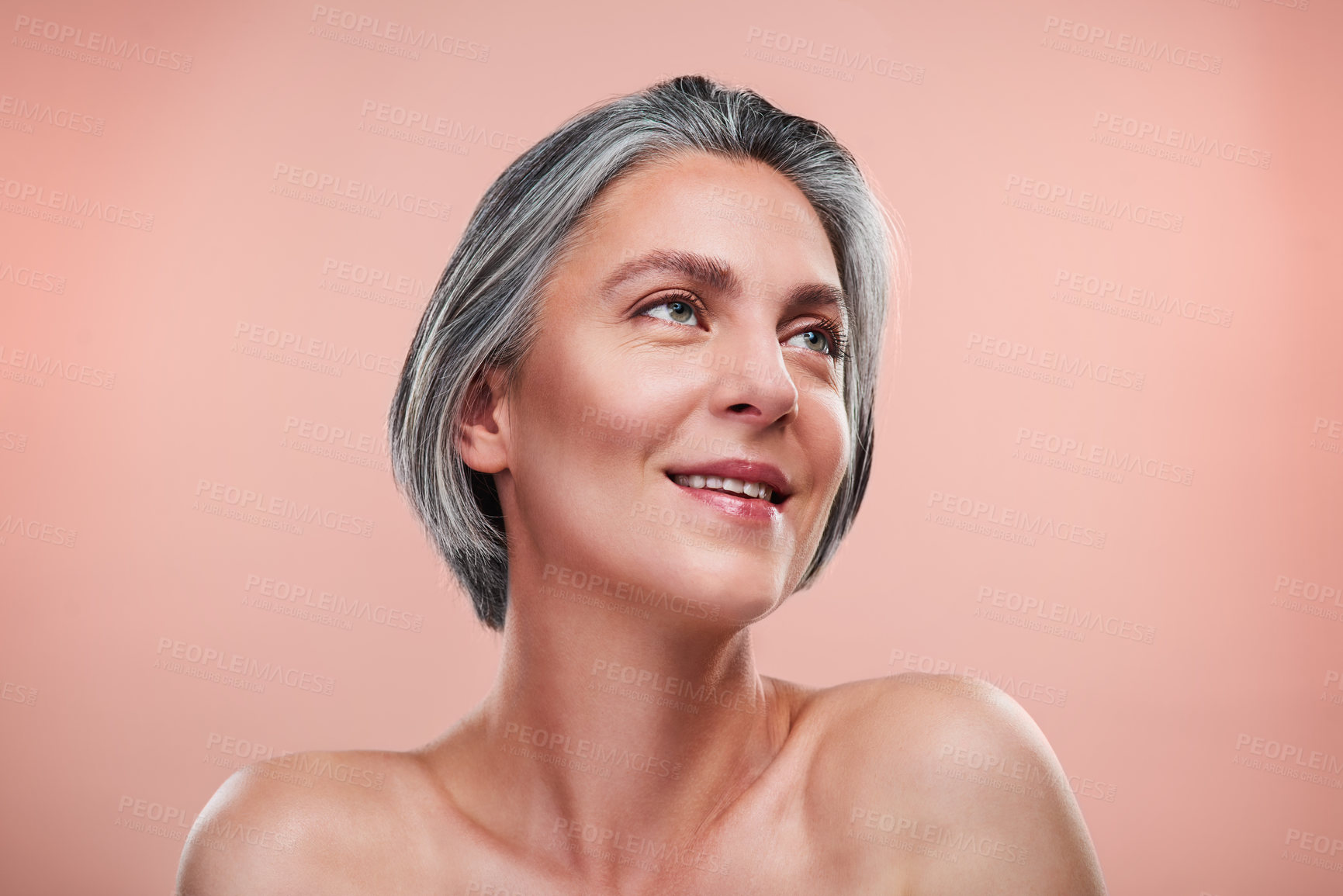 Buy stock photo Skincare, anti aging and mature woman thinking in studio for cosmetology, dermatology or natural glow on pink background. Wellness, beauty and female person for facial, spa treatment or cosmetics