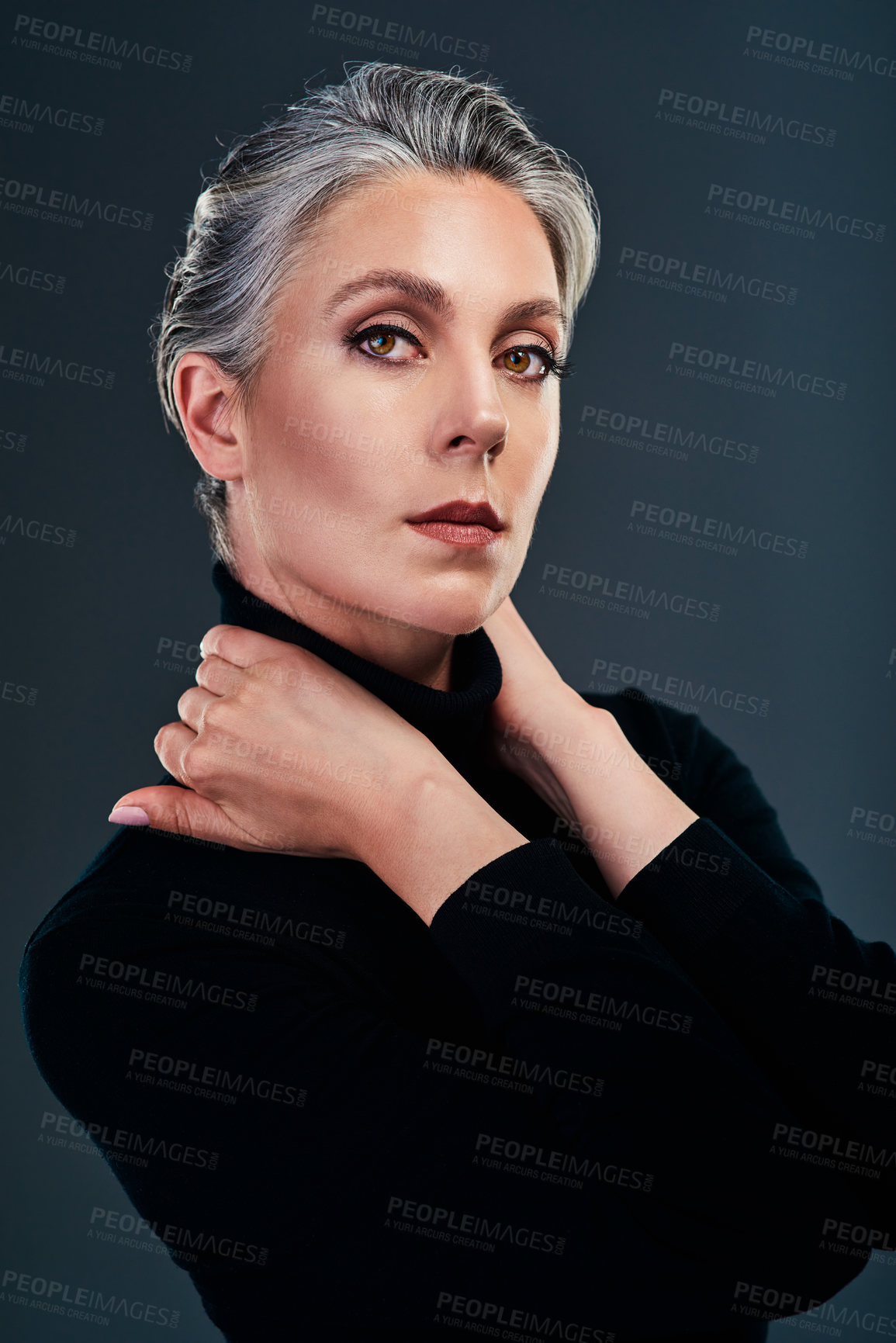 Buy stock photo Mature, woman and portrait by black background for fashion, style and elegance or confidence. Stylish, designer and classy with pride for beauty, cosmetics and glamour or glow in studio for luxury