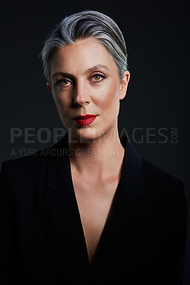 Buy stock photo Woman, portrait and confident in studio, makeup and confidence for cosmetics on gray background. Female person, transformation and dermatology pride or skincare, elegant and facial treatment for glow